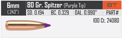Proj - 6mm - Nosler 80gr Varmint Ballistic Tip / 100pk